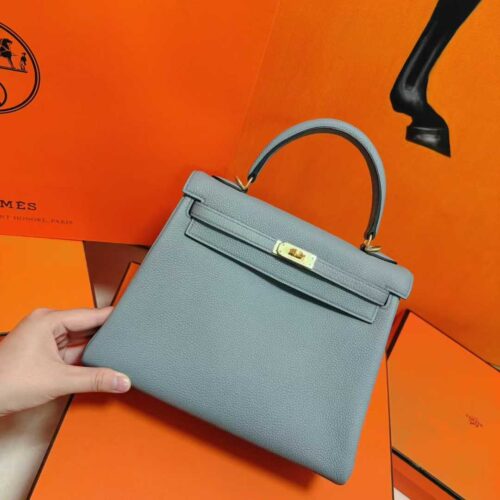 DR96 Factory Kelly Togo Leather Seagull Grey Gold Hardware 25cm Full Handmade