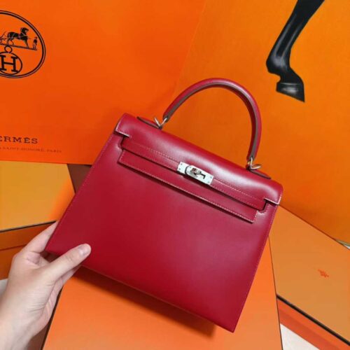 DR96 Factory Kelly Shiny Box Leather Bordeaux Red Silver Hardware 25cm Full Handmade