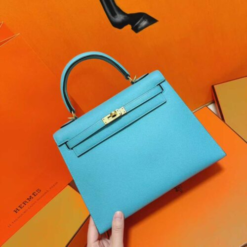 DR96 Factory Kelly Epsom Leather Candy Blue Gold Hardware 25cm Full Handmade