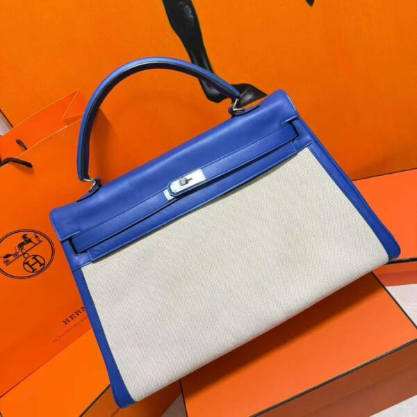2025-12-25_104856_444 DR96 Factory Kelly Swift Leather & Canvas Shiny Blue Silver Hardware 40cm Full Handmade
