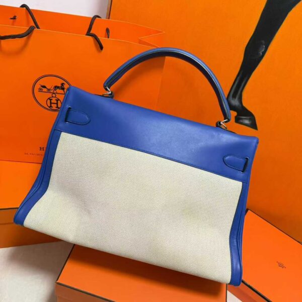 2025-12-25_104858_403 DR96 Factory Kelly Swift Leather & Canvas Shiny Blue Silver Hardware 40cm Full Handmade