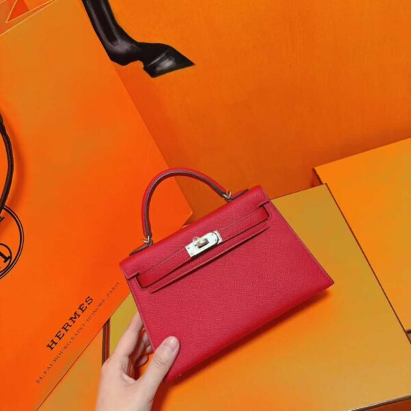 DR96 Factory Mini Kelly Epsom Leather Chinese Red Silver Hardware 19cm Full Handmade