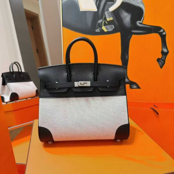 DR96 Factory Birkin Swift Leather & Canvas CK89 Black Silver Hardware 25cm Full Handmade
