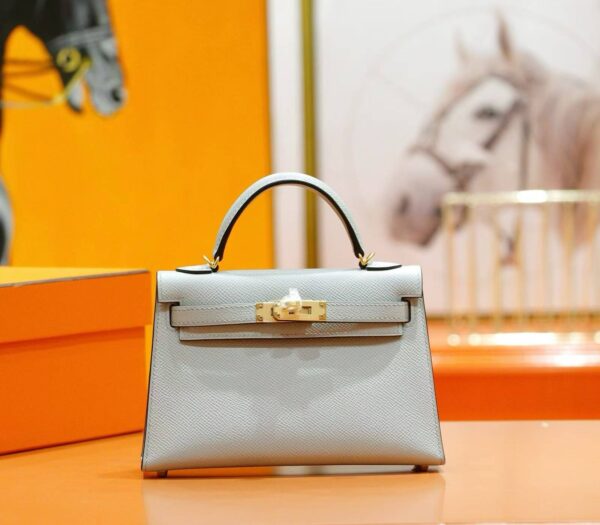 DR96 Factory Mini Kelly Epsom Leather Grayish Blue Gold Hardware 19cm Full Handmade