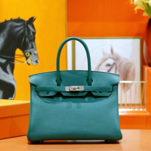 DR96 Factory Birkin Togo Leather Peacock Green Silver Hardware 30cm Full Handmade