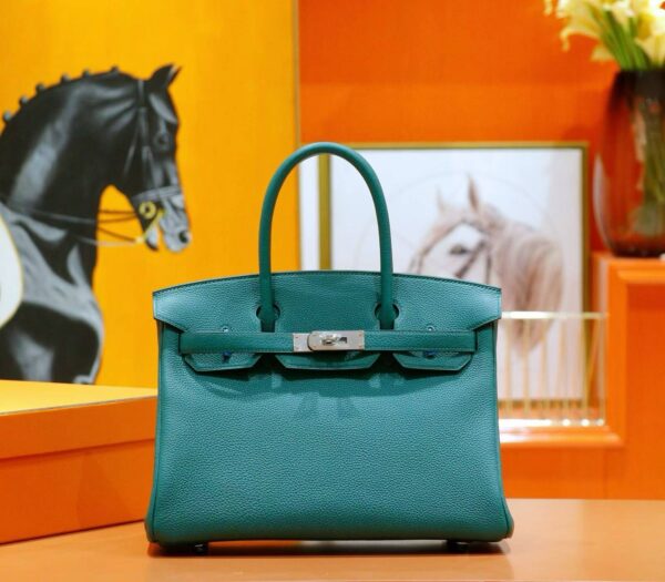 DR96 Factory Birkin Togo Leather Peacock Green Silver Hardware 30cm Full Handmade