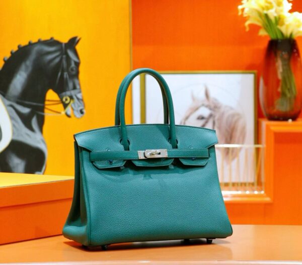 DR96 Factory Birkin Togo Leather Peacock Green Silver Hardware 30cm Full Handmade