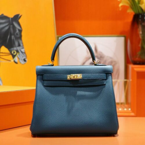 DR96 Factory Kelly Togo Leather Gem Blue Gold Hardware 25cm Full Handmade