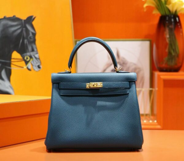 DR96 Factory Kelly Togo Leather Gem Blue Gold Hardware 25cm Full Handmade