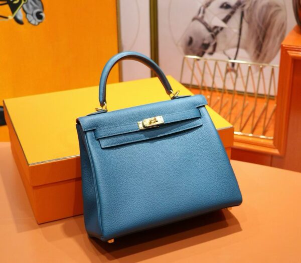DR96 Factory Kelly Togo Leather Gem Blue Gold Hardware 25cm Full Handmade