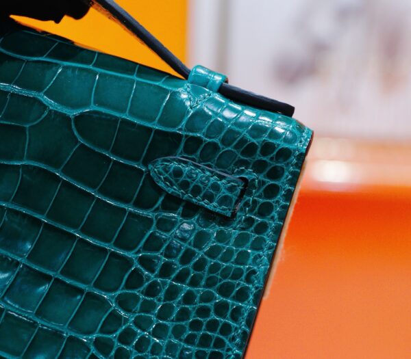 DR96 Factory Mini Kelly Pochette shiny Crocodile Leather Deep Green Gold Hardware 22cm Full Handmade