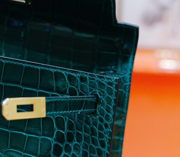 DR96 Factory Mini Kelly Pochette shiny Crocodile Leather Deep Green Gold Hardware 22cm Full Handmade