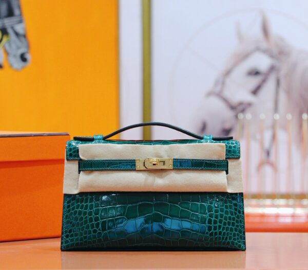 DR96 Factory Mini Kelly Pochette shiny Crocodile Leather Deep Green Gold Hardware 22cm Full Handmade