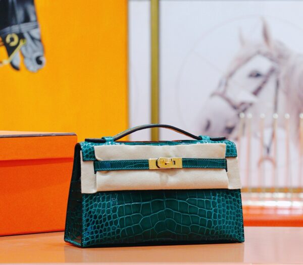 DR96 Factory Mini Kelly Pochette shiny Crocodile Leather Deep Green Gold Hardware 22cm Full Handmade