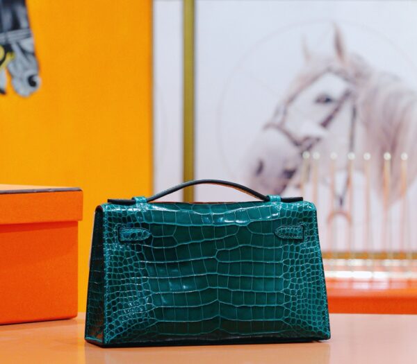DR96 Factory Mini Kelly Pochette shiny Crocodile Leather Deep Green Gold Hardware 22cm Full Handmade