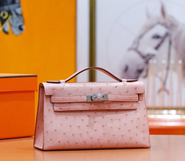 DR96 Factory Mini kelly Pochette Ostrich Leather light cherry pink Silver Hardware 22cm Full Handmade