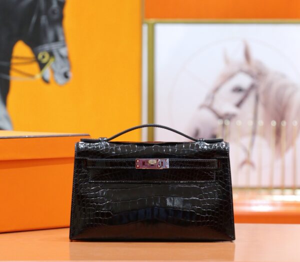 DR96 Factory Mini kelly Pochette Alligator Crocodile Black Silver Hardware 22cm Full Handmade
