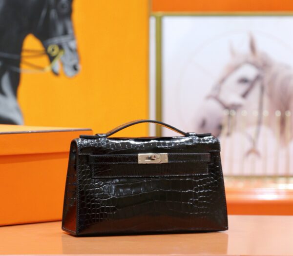 DR96 Factory Mini kelly Pochette Alligator Crocodile Black Silver Hardware 22cm Full Handmade