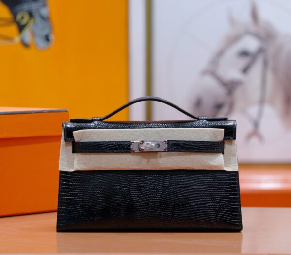 DR96 Factory Mini kelly Pochette Lizard Leather Black Silver Hardware 22cm Full Handmade