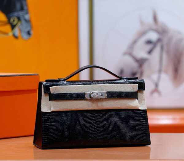DR96 Factory Mini kelly Pochette Lizard Leather Black Silver Hardware 22cm Full Handmade