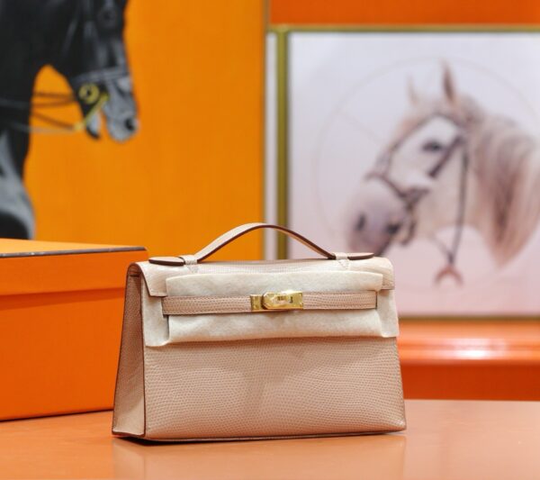 DR96 Factory Mini kelly Pochette Lizard Leather apricot color Gold Hardware 22cm Full Handmade