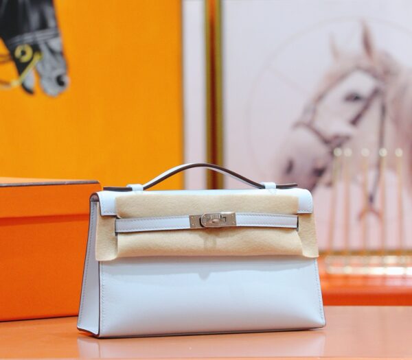 DR96 Factory Mini kelly Pochette Swift Leather Light Blue Silver Hardware 22cm Full Handmade