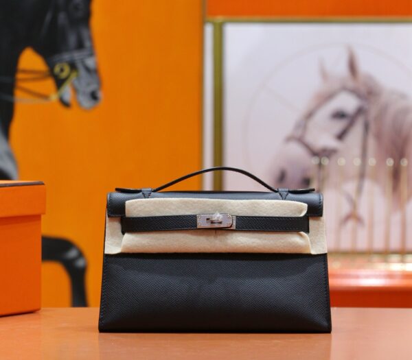 DR96 Factory Mini kelly Pochette Epsom Leather Black Silver Hardware 22cm Full Handmade