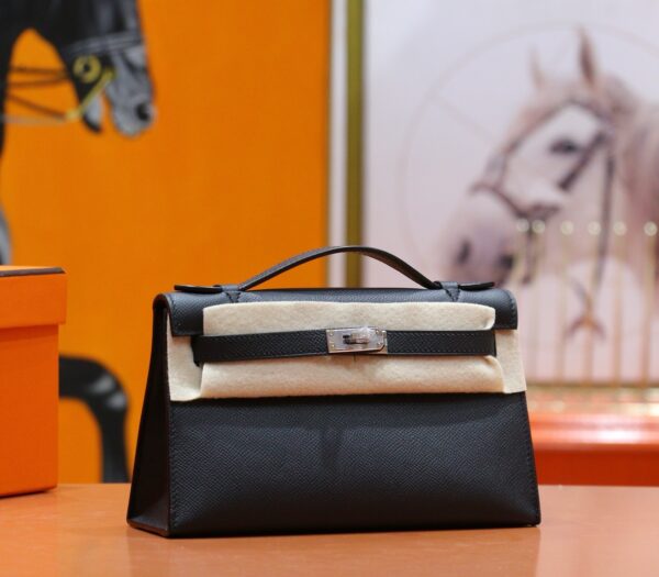 DR96 Factory Mini kelly Pochette Epsom Leather Black Silver Hardware 22cm Full Handmade