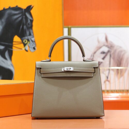 DR96 Factory Kelly Epsom Leather CK18 Etoupe Grey Silver Hardware 25cm Full Handmade