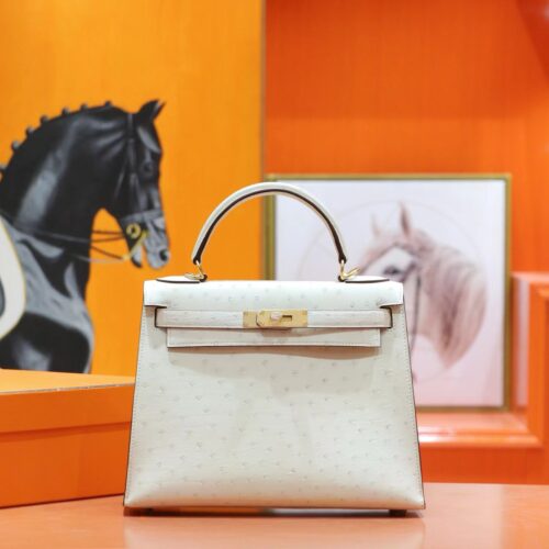 DR96 Factory Kelly Ostrich Leather Woll White Gold Hardware 25cm Full Handmade