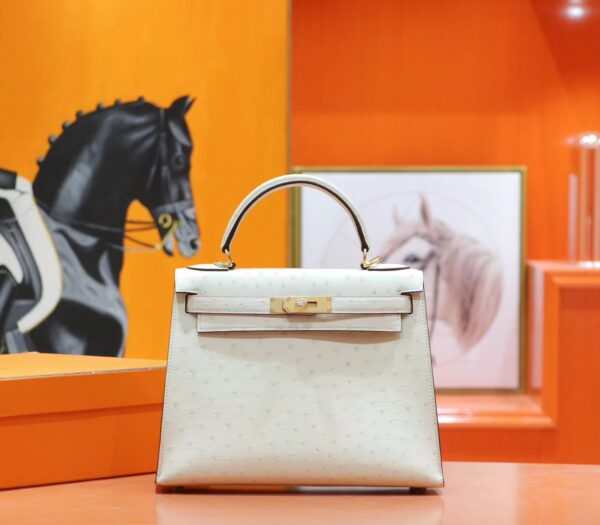 DR96 Factory Kelly Ostrich Leather Woll White Gold Hardware 25cm Full Handmade