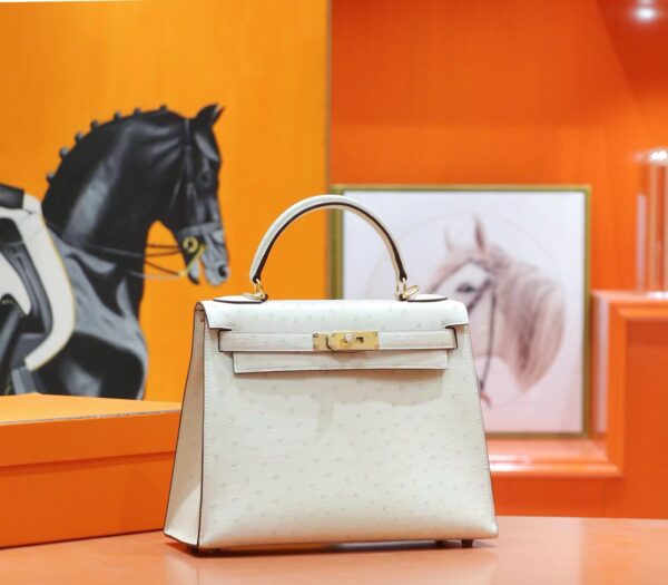 DR96 Factory Kelly Ostrich Leather Woll White Gold Hardware 25cm Full Handmade