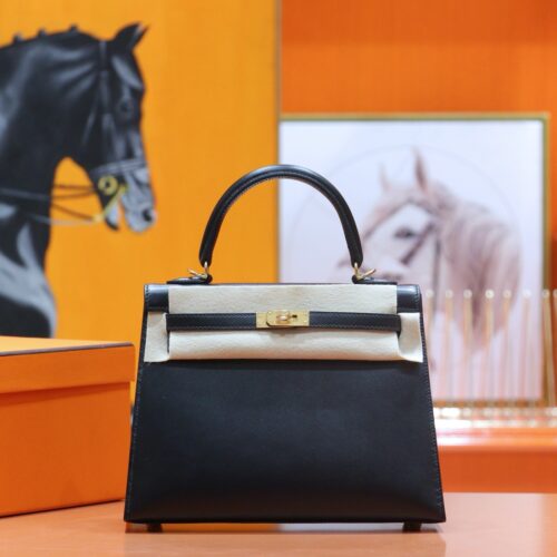DR96 Factory Kelly Shiny Box Leather CK89 Black Gold Hardware 25cm Full Handmade