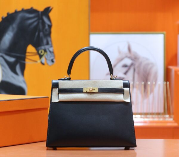 DR96 Factory Kelly Shiny Box Leather CK89 Black Gold Hardware 25cm Full Handmade