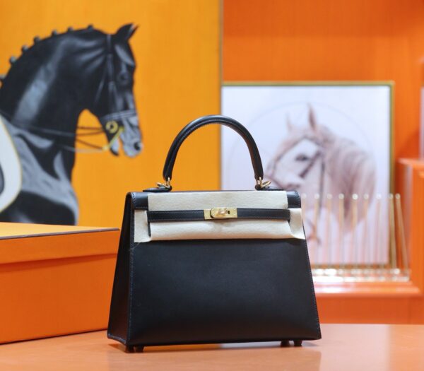 DR96 Factory Kelly Shiny Box Leather CK89 Black Gold Hardware 25cm Full Handmade