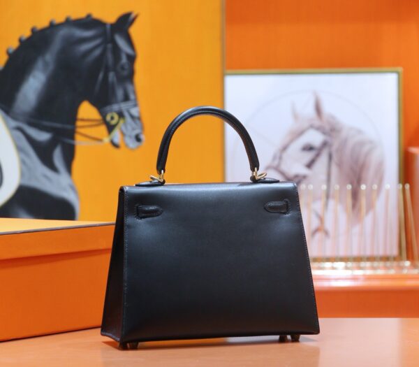 DR96 Factory Kelly Shiny Box Leather CK89 Black Gold Hardware 25cm Full Handmade