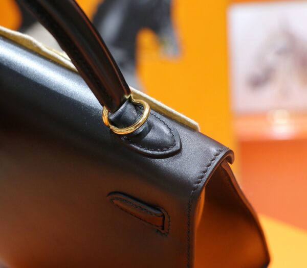DR96 Factory Kelly Shiny Box Leather CK89 Black Gold Hardware 25cm Full Handmade