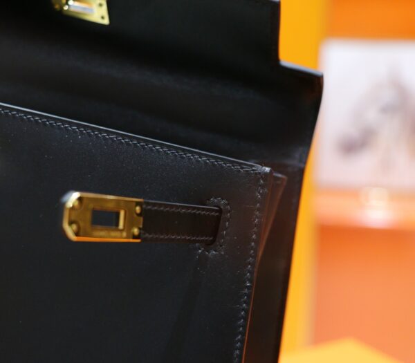 DR96 Factory Kelly Shiny Box Leather CK89 Black Gold Hardware 25cm Full Handmade