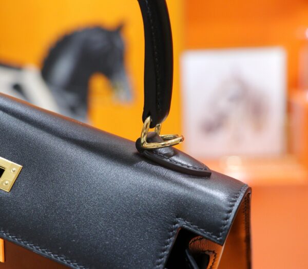 DR96 Factory Kelly Shiny Box Leather CK89 Black Gold Hardware 25cm Full Handmade