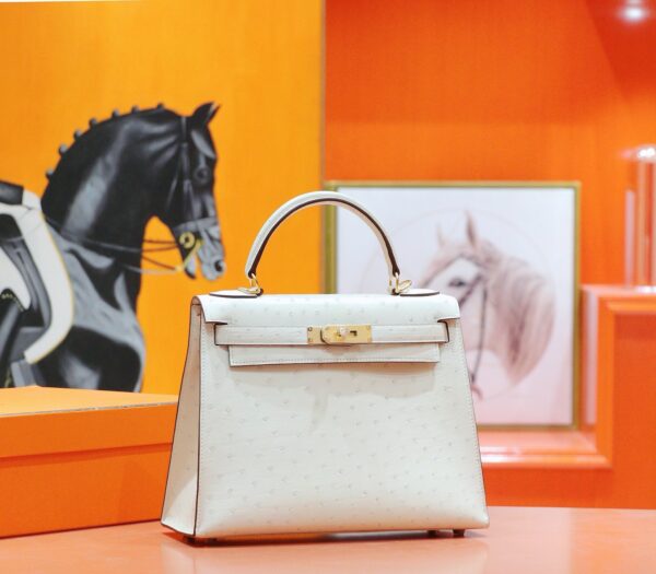 DR96 Factory Kelly Ostrich Leather Wool White Gold Hardware 25cm Full Handmade