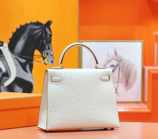 DR96 Factory Kelly Ostrich Leather Wool White Gold Hardware 25cm Full Handmade