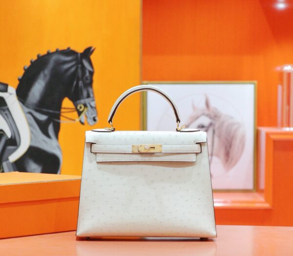 DR96 Factory Kelly Ostrich Leather Wool White Gold Hardware 25cm Full Handmade