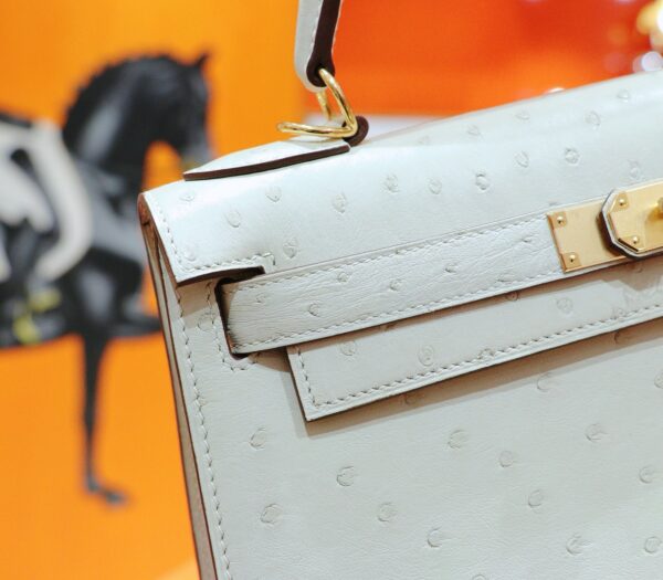 DR96 Factory Kelly Ostrich Leather Wool White Gold Hardware 25cm Full Handmade