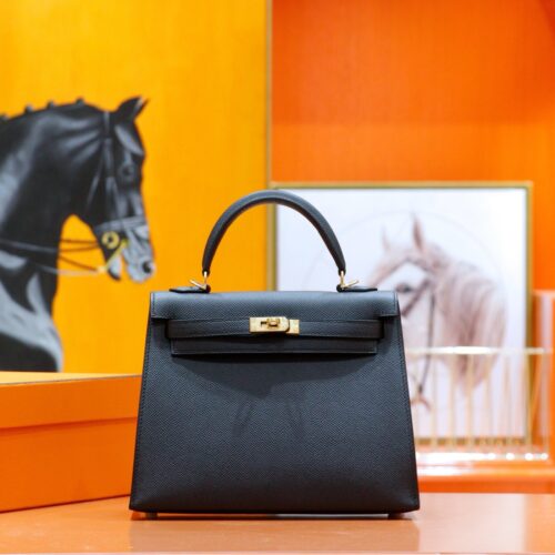 DR96 Factory Kelly Epsom Leather CK89 Black Gold Hardware 25cm Full Handmade