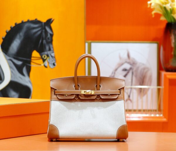 DR96 Factory Birkin Swift Leather & Canvas Golden Brown Gold Hardware 25cm Full Handmade